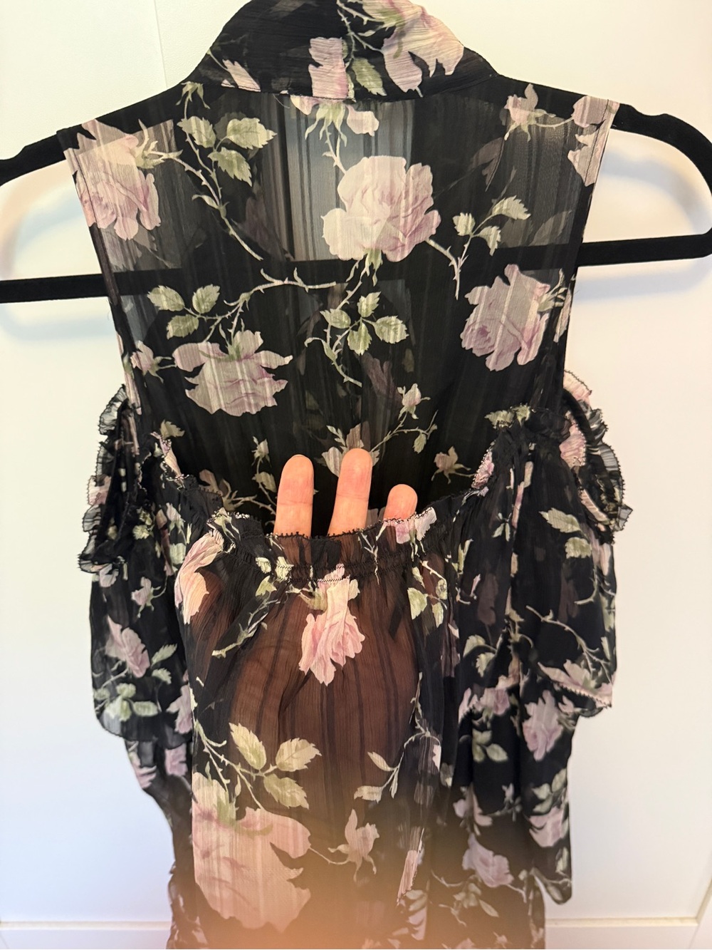 Ulla Johnson Marion Dress Silk Chiffon Cold Shoulder Black w Blush Floral Size 0 - Picture 10 of 14